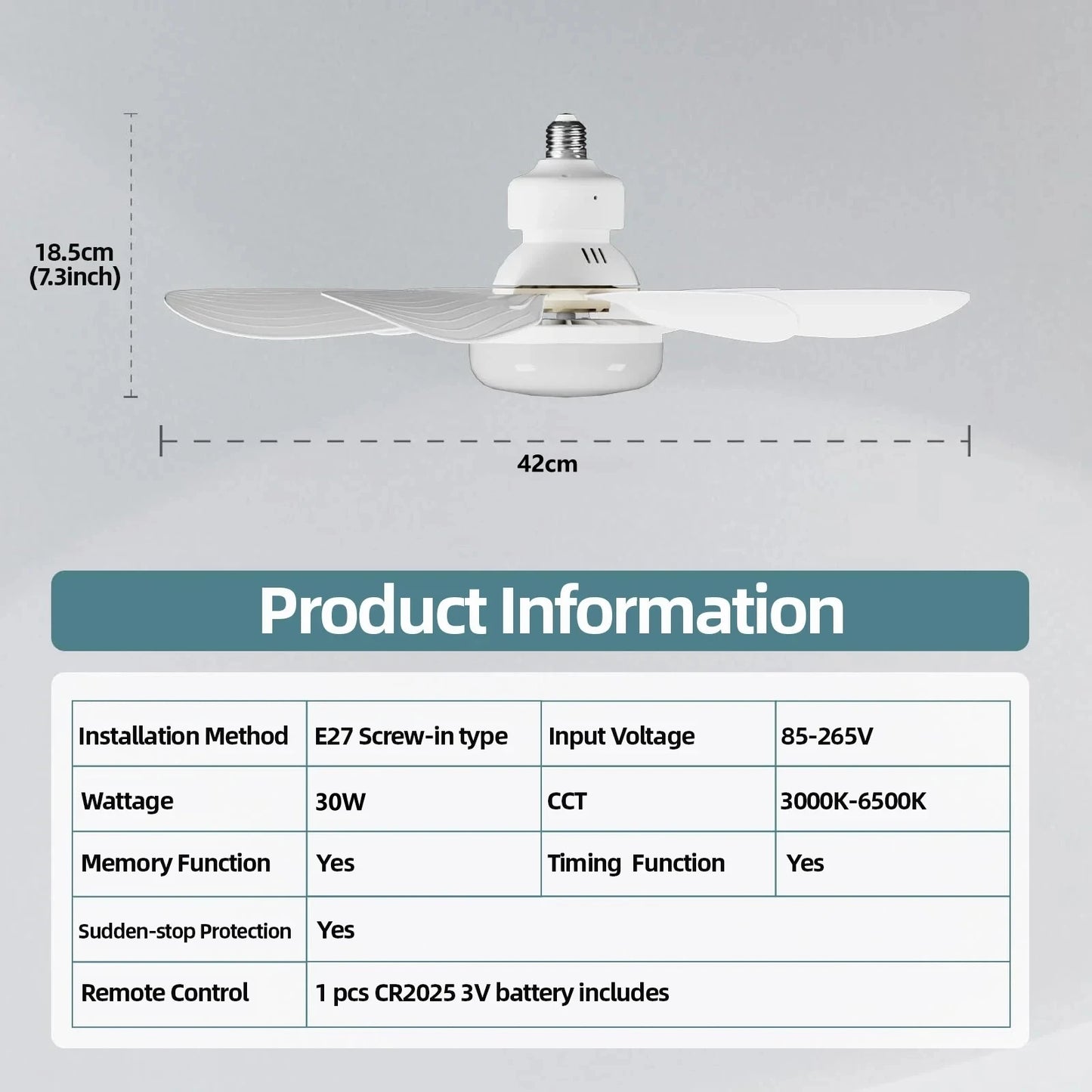 LED 30W Ceiling Fan Light E27 with Remote Control for Dimming 85-265V