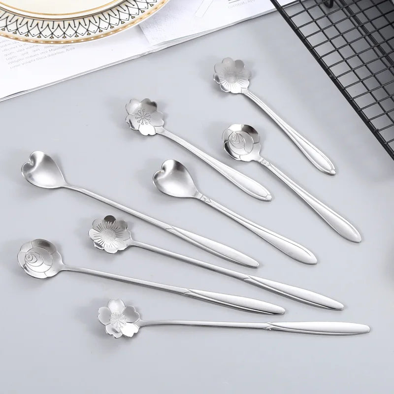 6pcs Stainless Steel Cherry Rose Flower Gold Scoop