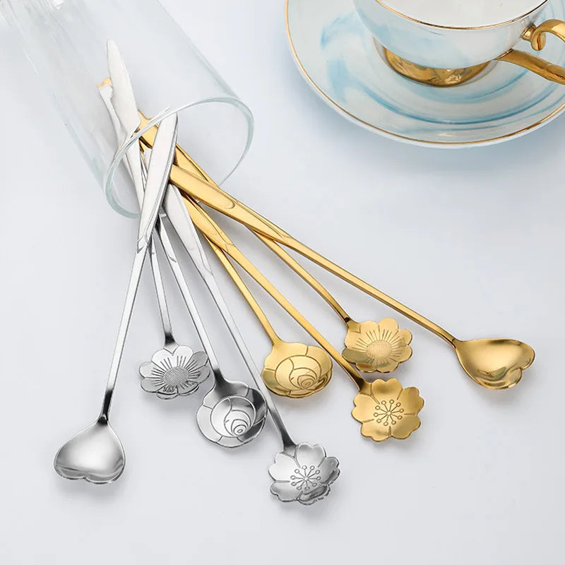 6pcs Stainless Steel Cherry Rose Flower Gold Scoop
