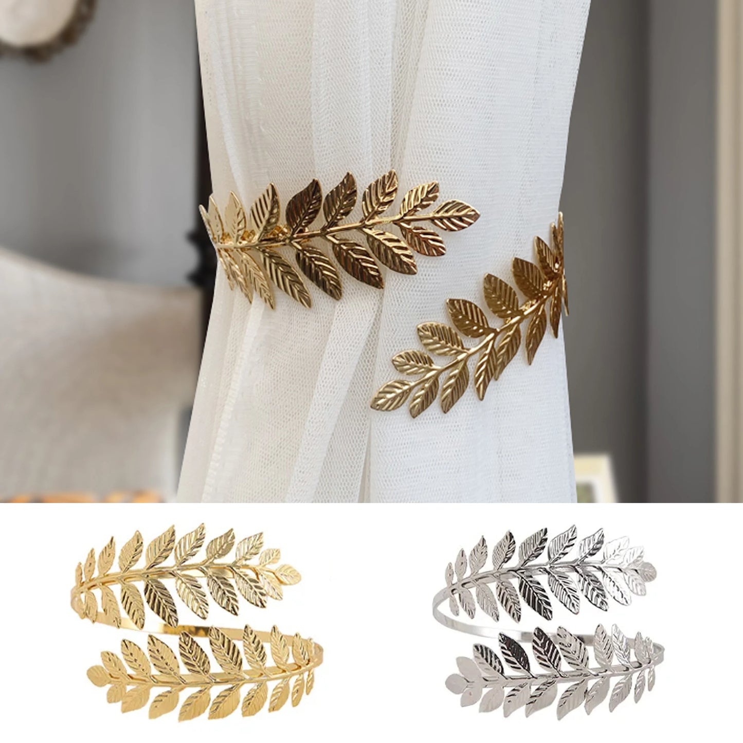 2pcs Modern Style Gold/Silver Leaf Pattern Curtain Tiebacks