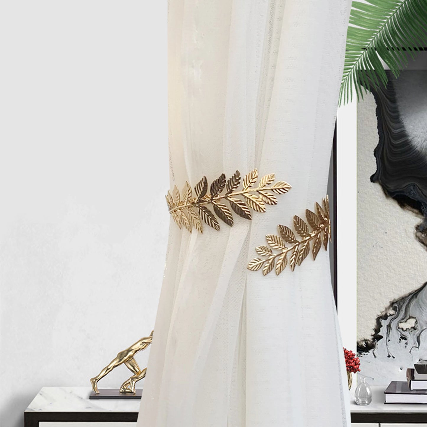 2pcs Modern Style Gold/Silver Leaf Pattern Curtain Tiebacks