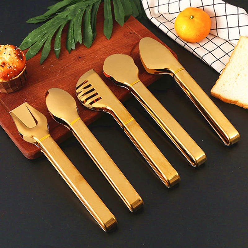7-Style Gold Stainless Steel Food BBQ Tongs
