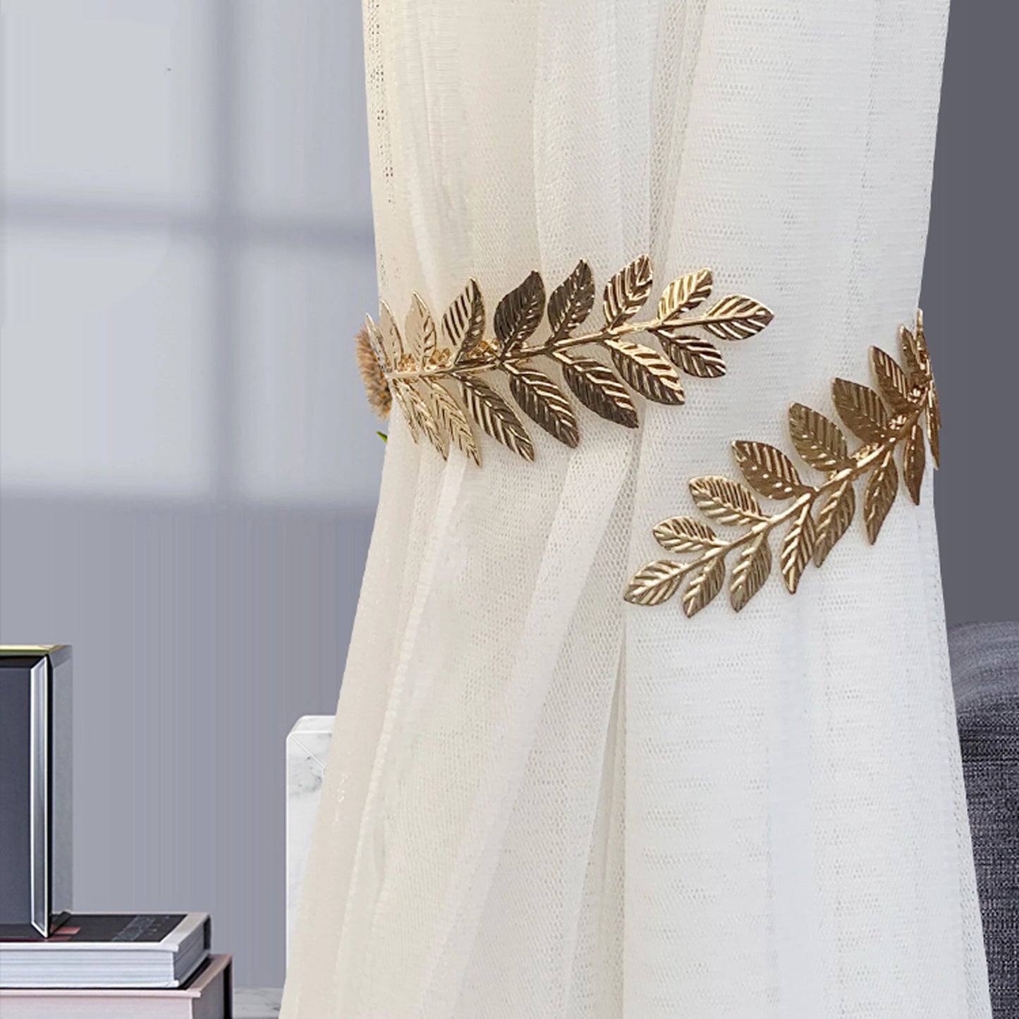 2pcs Modern Style Gold/Silver Leaf Pattern Curtain Tiebacks