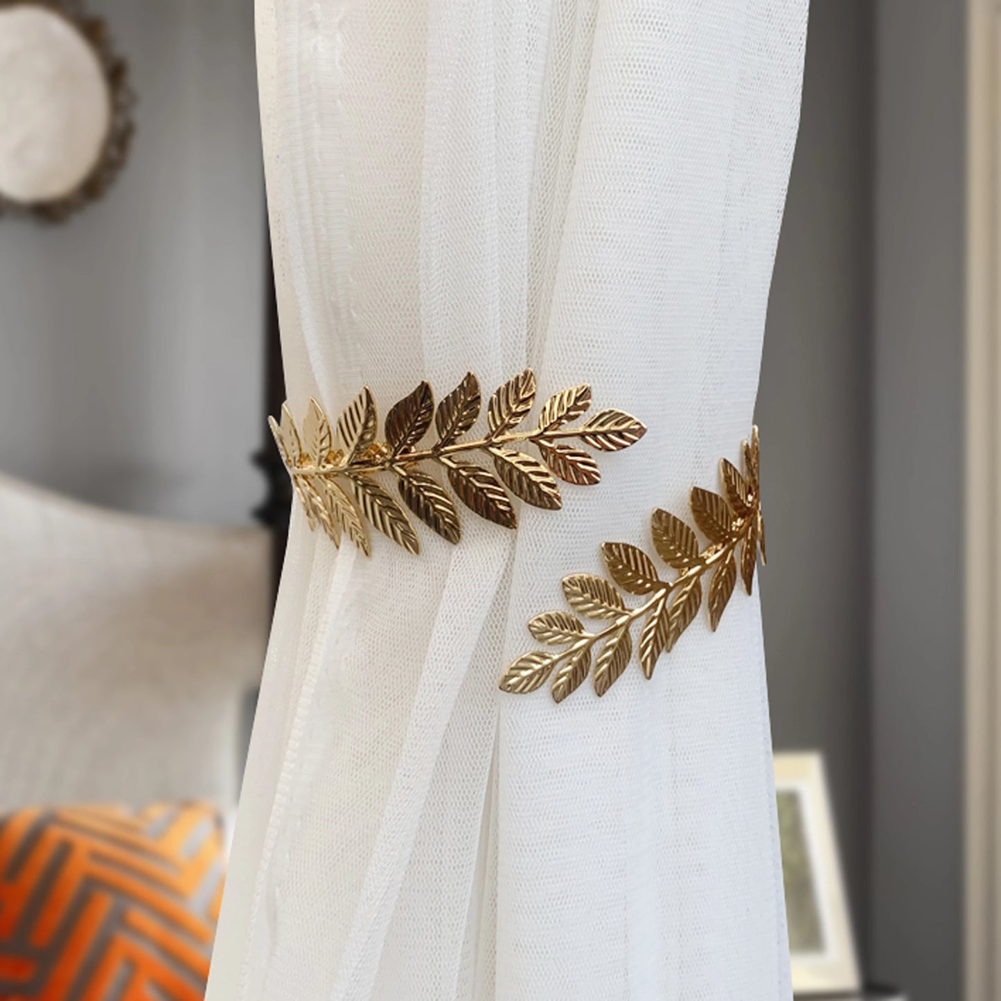 2pcs Modern Style Gold/Silver Leaf Pattern Curtain Tiebacks