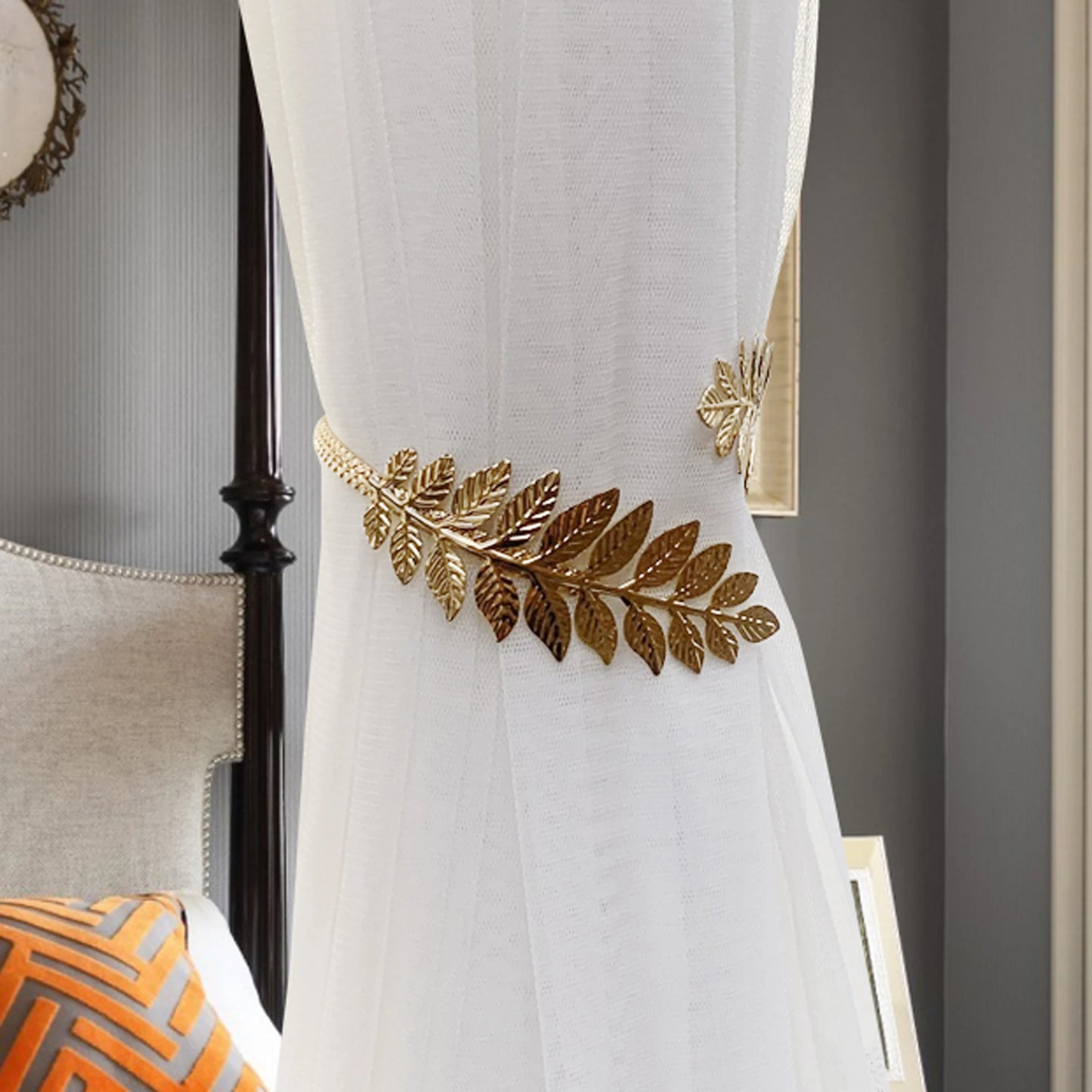 2pcs Modern Style Gold/Silver Leaf Pattern Curtain Tiebacks