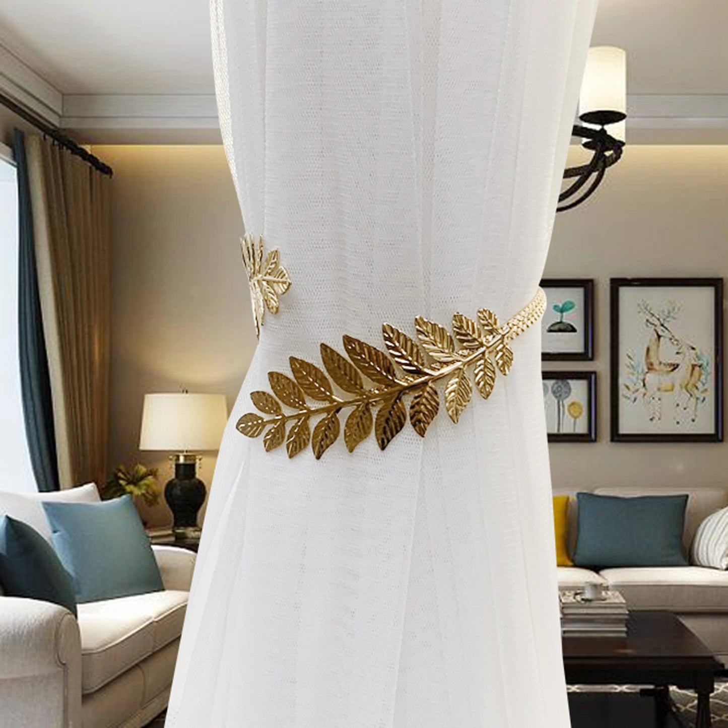 2pcs Modern Style Gold/Silver Leaf Pattern Curtain Tiebacks