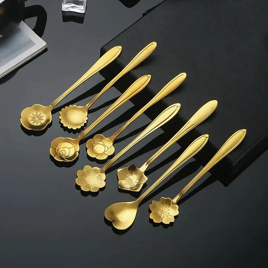 6pcs Stainless Steel Cherry Rose Flower Gold Scoop