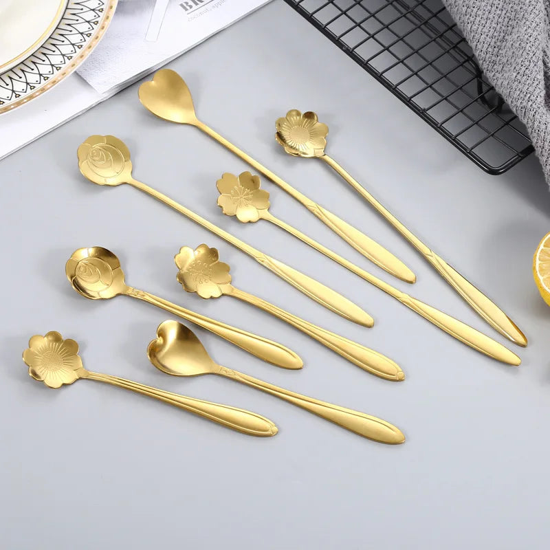 6pcs Stainless Steel Cherry Rose Flower Gold Scoop