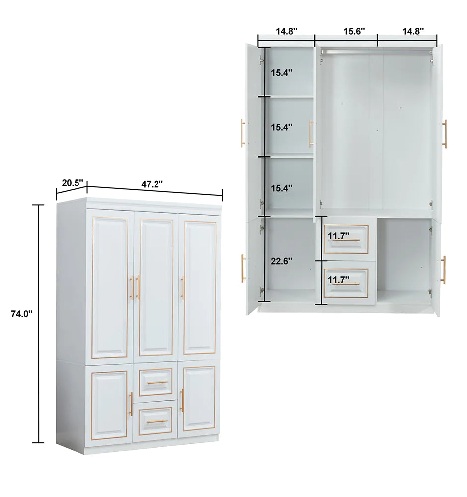 YG-5 Armoire Wardrobe 74" H 3 Doors 2 Drawers White Bedroom Wardrobe Armoire Closet Freestanding Clothes Storage Armoire Organizer with Hanging Rod Shelves Clothes Cabinet for Bathrooms Clothes Storage