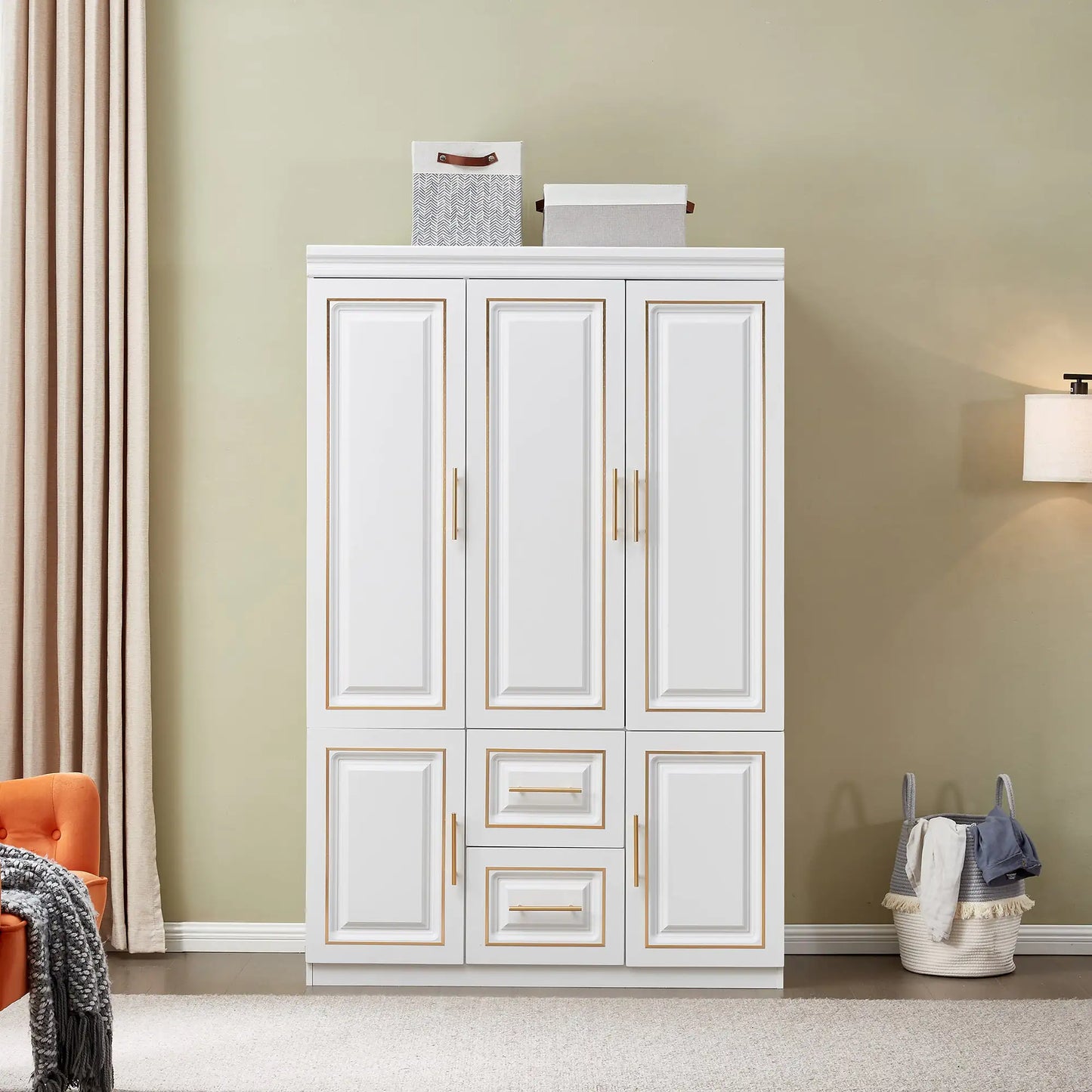 YG-5 Armoire Wardrobe 74" H 3 Doors 2 Drawers White Bedroom Wardrobe Armoire Closet Freestanding Clothes Storage Armoire Organizer with Hanging Rod Shelves Clothes Cabinet for Bathrooms Clothes Storage