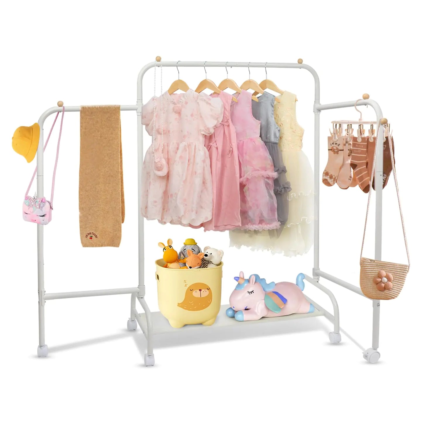 YGJT Multifunctional Kids Clothing Rack Baby Garment Rack for Hanging Clothes with Wheels and Bottom Storage Shelf Small Clothes Rack Dress Up Storage Rack for Coats Skirts Costume(Double)