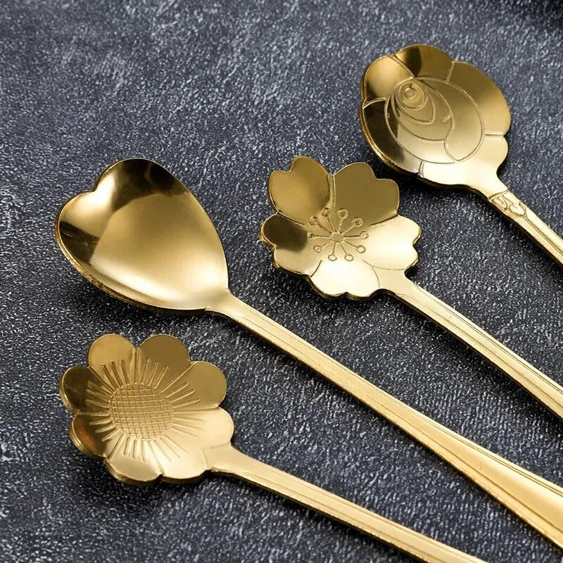 6pcs Stainless Steel Cherry Rose Flower Gold Scoop