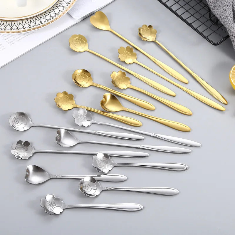 6pcs Stainless Steel Cherry Rose Flower Gold Scoop